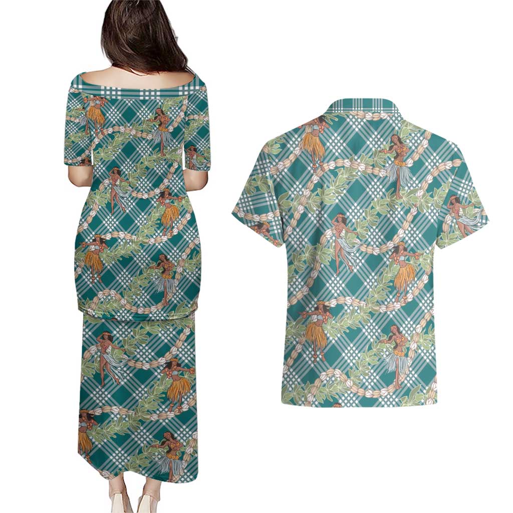 Teal Palaka Hula Girls Seamless Hawaii Aloha Couples Matching Puletasi and Hawaiian Shirt - Polynesian Pride