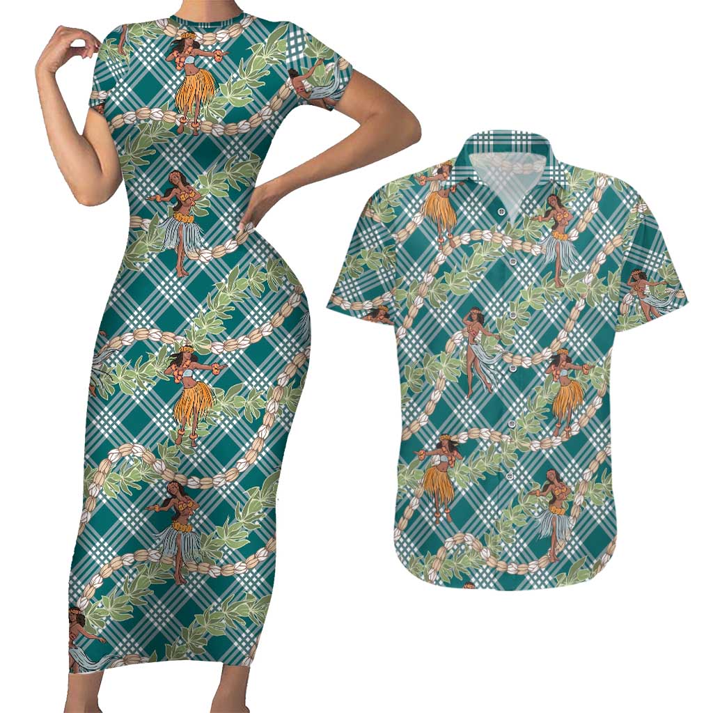 Teal Palaka Hula Girls Seamless Hawaii Aloha Couples Matching Short Sleeve Bodycon Dress and Hawaiian Shirt LT7 Teal - Polynesian Pride