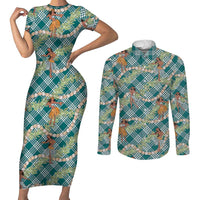 Teal Palaka Hula Girls Seamless Hawaii Aloha Couples Matching Short Sleeve Bodycon Dress and Long Sleeve Button Shirt - Polynesian Pride