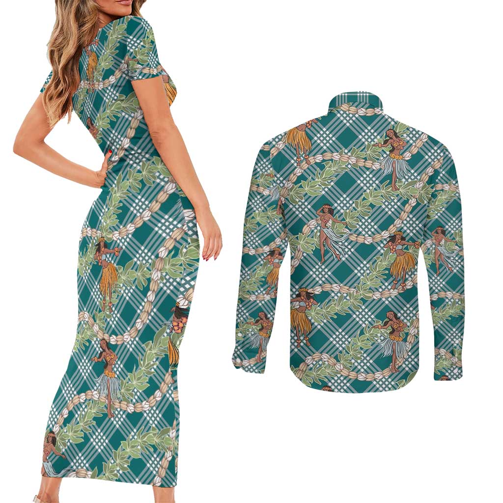 Teal Palaka Hula Girls Seamless Hawaii Aloha Couples Matching Short Sleeve Bodycon Dress and Long Sleeve Button Shirt - Polynesian Pride