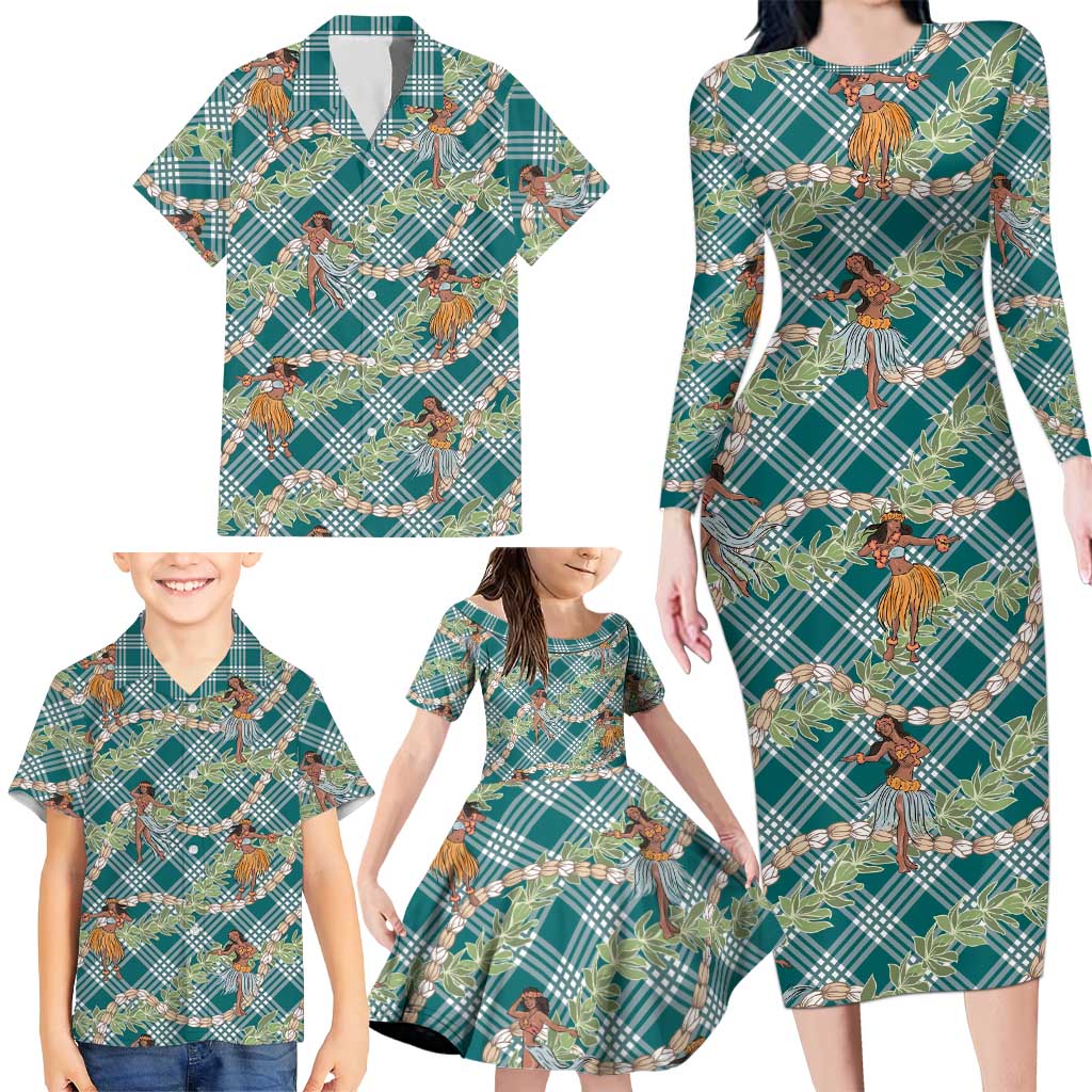 Teal Palaka Hula Girls Seamless Hawaii Aloha Family Matching Long Sleeve Bodycon Dress and Hawaiian Shirt - Polynesian Pride