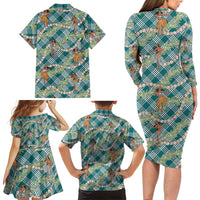 Teal Palaka Hula Girls Seamless Hawaii Aloha Family Matching Long Sleeve Bodycon Dress and Hawaiian Shirt LT7 - Polynesian Pride