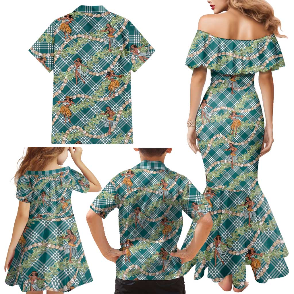 Teal Palaka Hula Girls Seamless Hawaii Aloha Family Matching Mermaid Dress and Hawaiian Shirt LT7 - Polynesian Pride