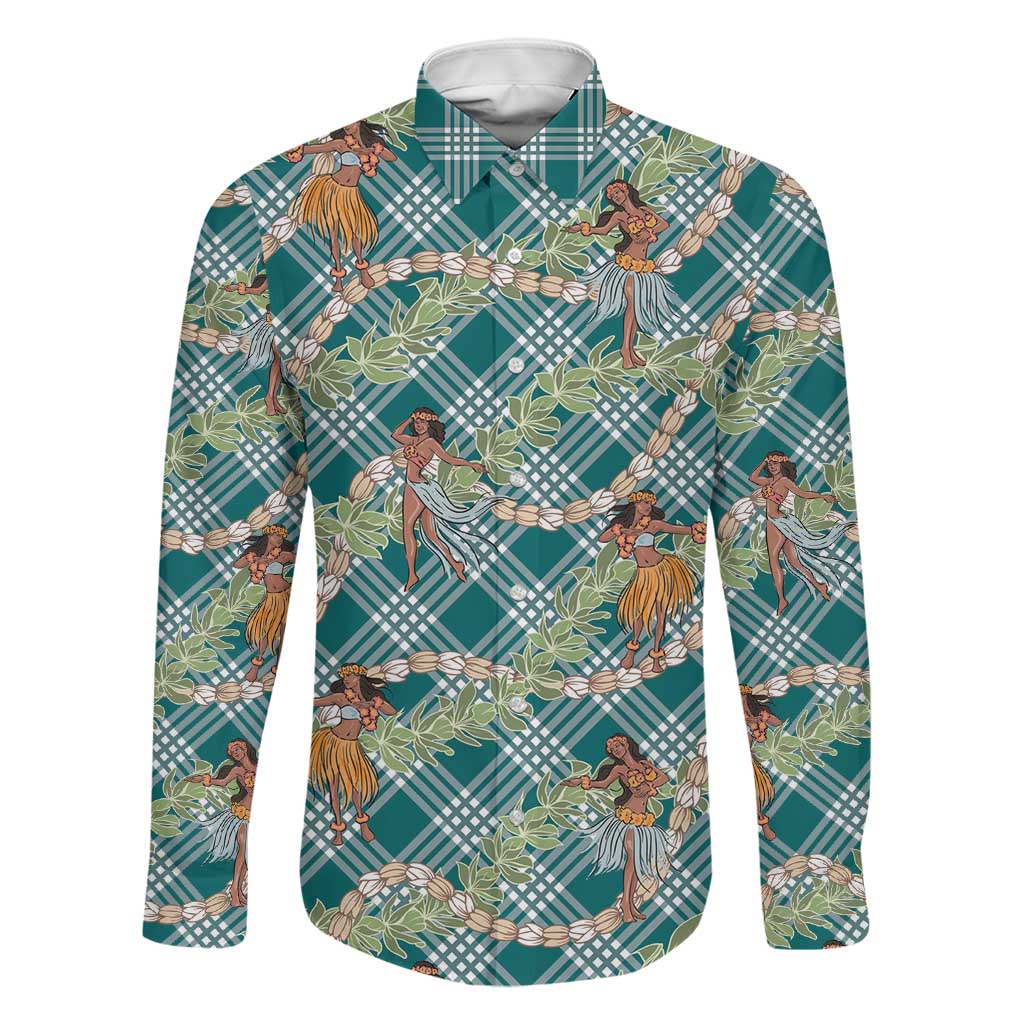Teal Palaka Hula Girls Seamless Hawaii Aloha Family Matching Off The Shoulder Long Sleeve Dress and Hawaiian Shirt LT7 Dad's Shirt - Long Sleeve Teal - Polynesian Pride