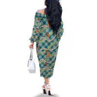 Teal Palaka Hula Girls Seamless Hawaii Aloha Family Matching Off The Shoulder Long Sleeve Dress and Hawaiian Shirt LT7 - Polynesian Pride