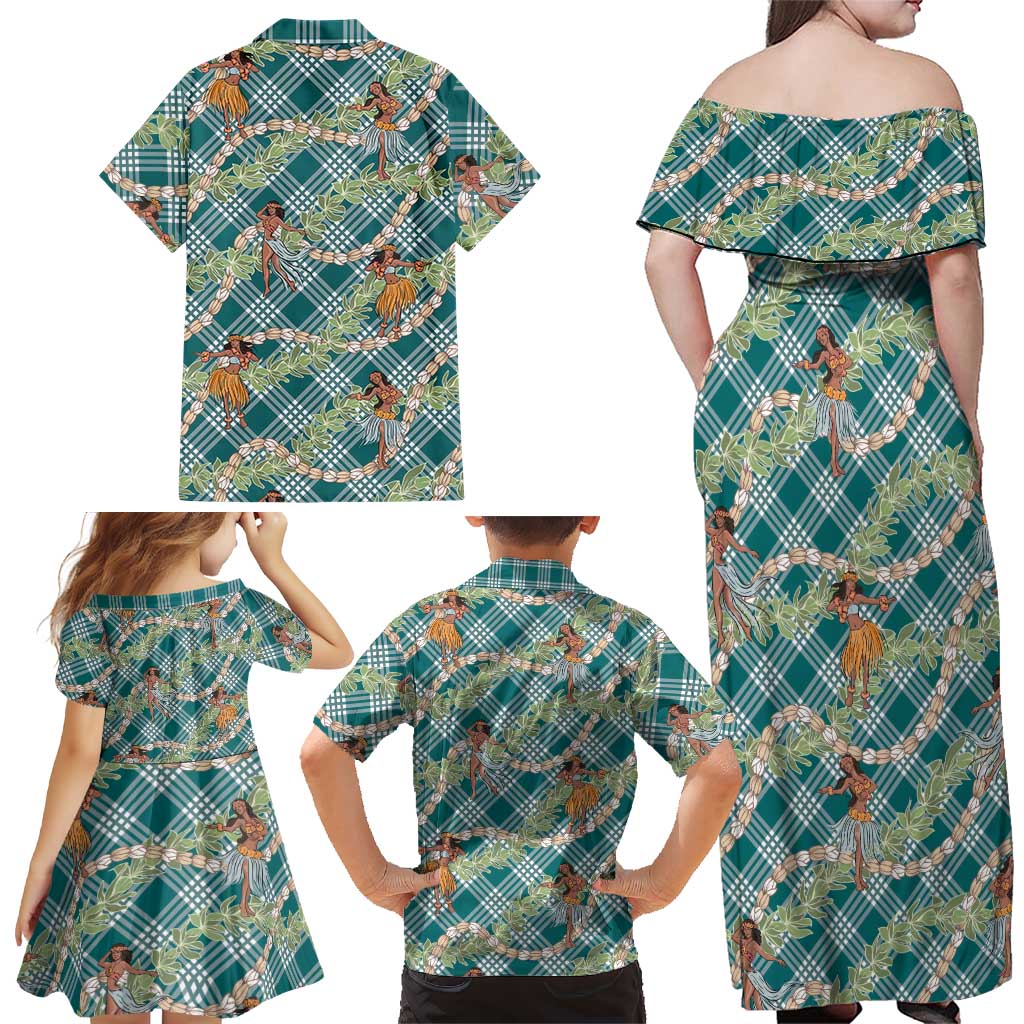 Teal Palaka Hula Girls Seamless Hawaii Aloha Family Matching Off Shoulder Maxi Dress and Hawaiian Shirt LT7 - Polynesian Pride