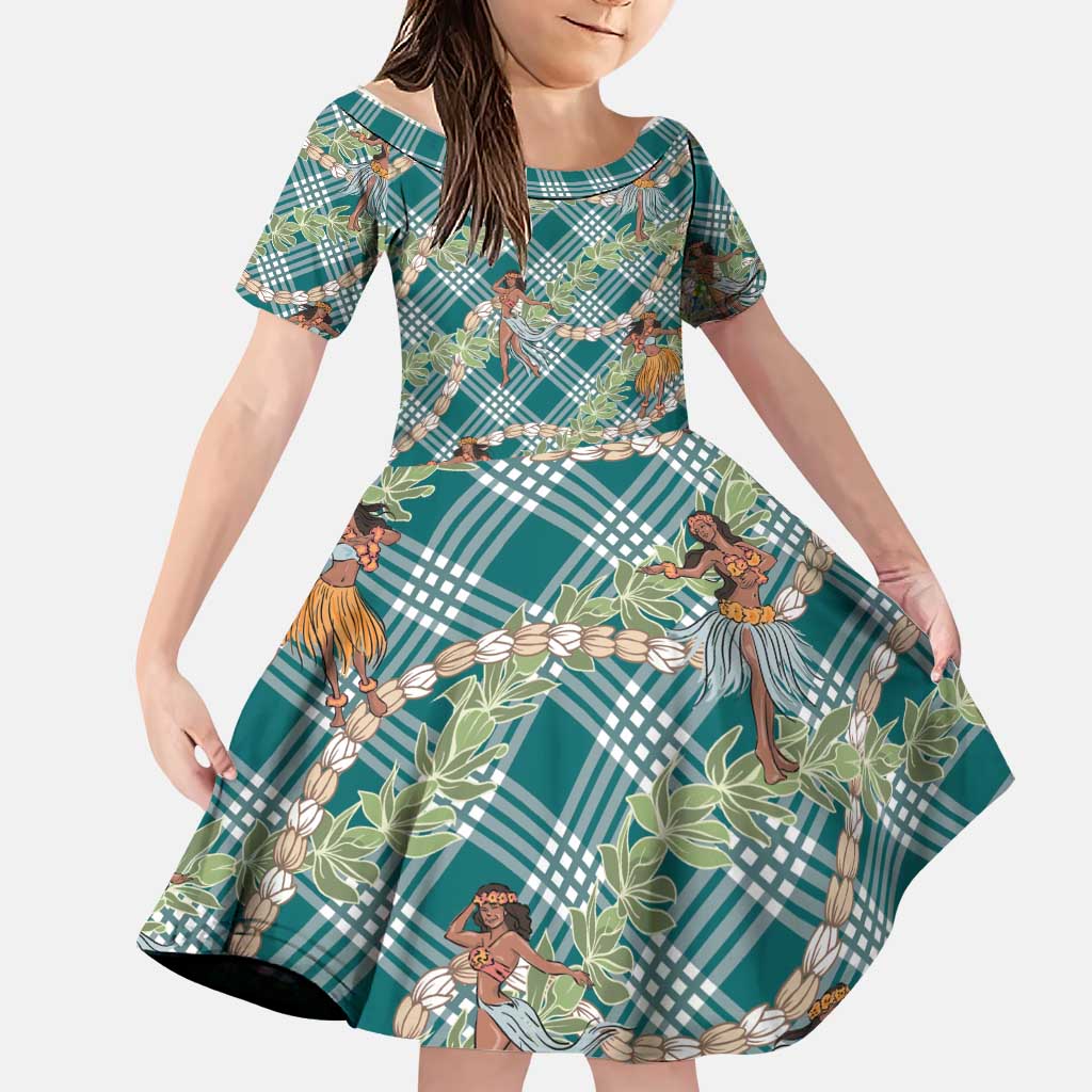 Teal Palaka Hula Girls Seamless Hawaii Aloha Family Matching Off Shoulder Short Dress and Hawaiian Shirt LT7 Daughter's Dress Teal - Polynesian Pride