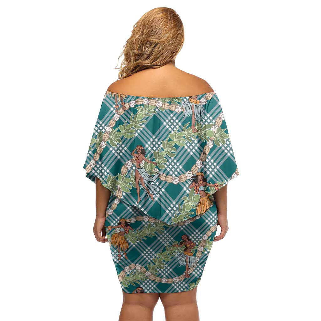 Teal Palaka Hula Girls Seamless Hawaii Aloha Family Matching Off Shoulder Short Dress and Hawaiian Shirt LT7 - Polynesian Pride