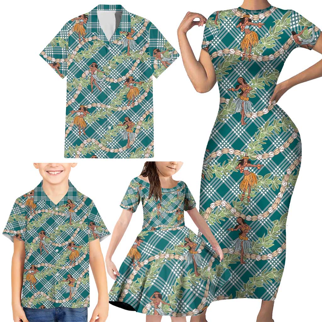 Teal Palaka Hula Girls Seamless Hawaii Aloha Family Matching Short Sleeve Bodycon Dress and Hawaiian Shirt - Polynesian Pride