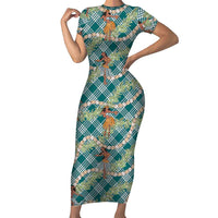 Teal Palaka Hula Girls Seamless Hawaii Aloha Family Matching Short Sleeve Bodycon Dress and Hawaiian Shirt LT7 Mom's Dress Teal - Polynesian Pride