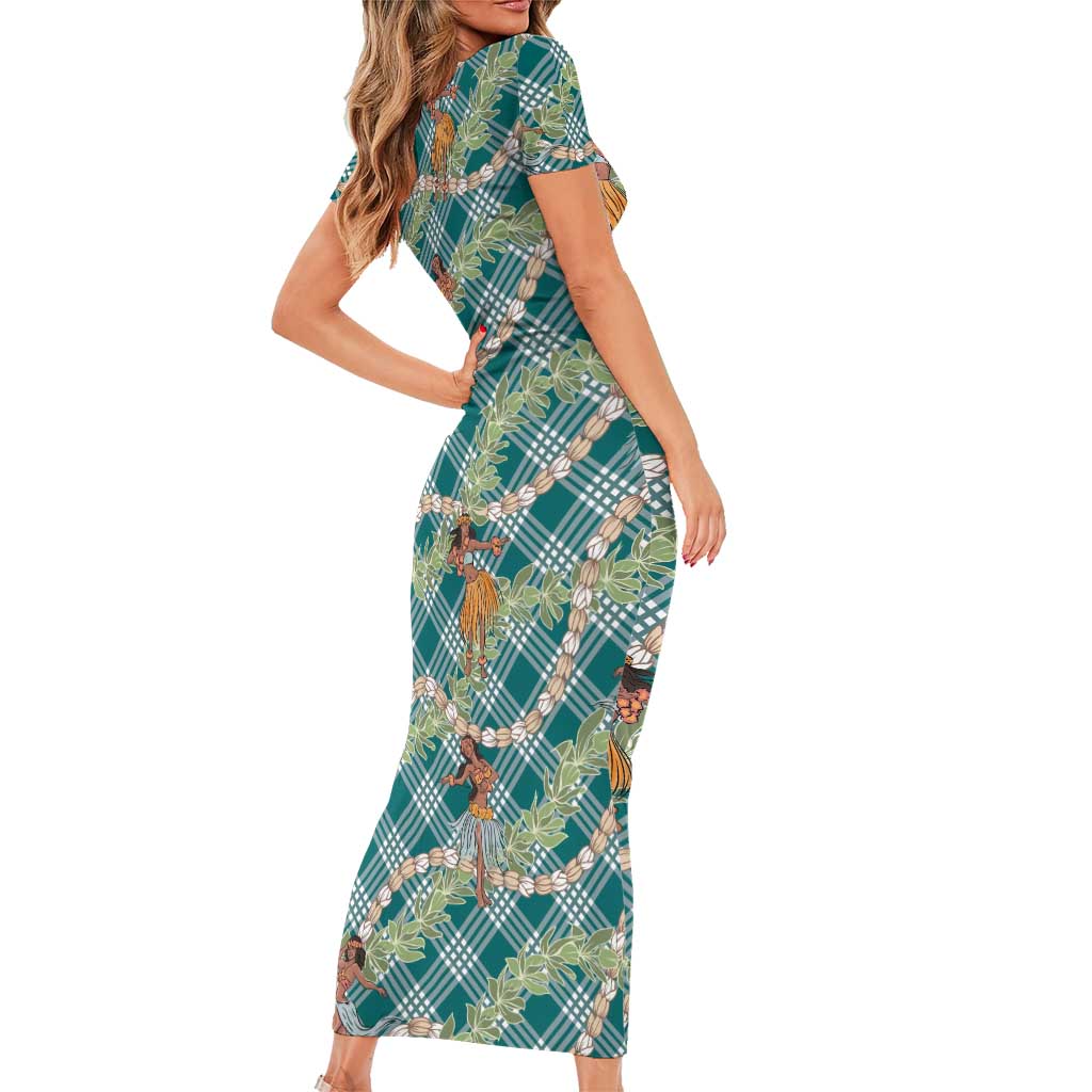 Teal Palaka Hula Girls Seamless Hawaii Aloha Family Matching Short Sleeve Bodycon Dress and Hawaiian Shirt LT7 - Polynesian Pride