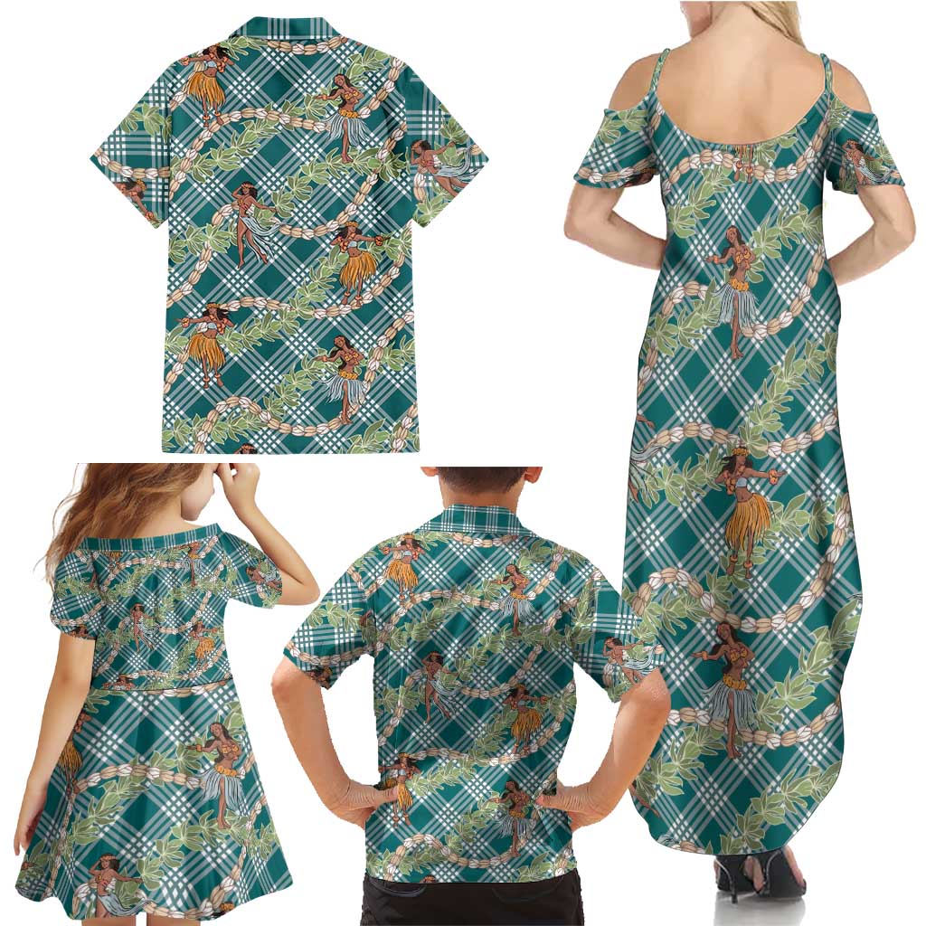Teal Palaka Hula Girls Seamless Hawaii Aloha Family Matching Summer Maxi Dress and Hawaiian Shirt LT7 - Polynesian Pride
