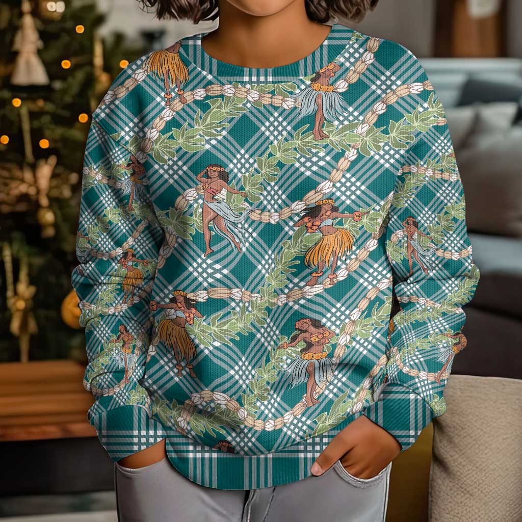 Teal Palaka Hula Girls Seamless Hawaii Aloha Kid Ugly Christmas Sweater LT7 - Polynesian Pride