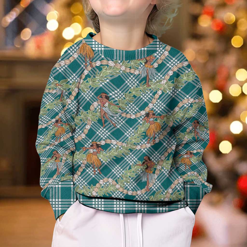 Teal Palaka Hula Girls Seamless Hawaii Aloha Kid Ugly Christmas Sweater LT7 - Polynesian Pride