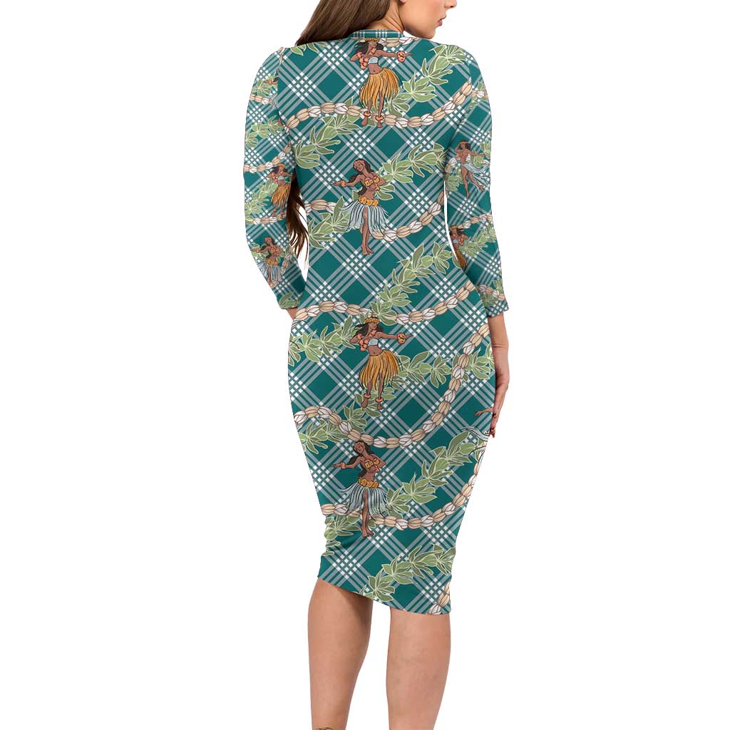 Teal Palaka Hula Girls Seamless Hawaii Aloha Long Sleeve Bodycon Dress - Polynesian Pride