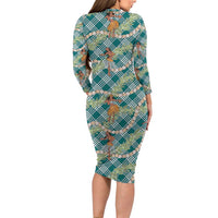 Teal Palaka Hula Girls Seamless Hawaii Aloha Long Sleeve Bodycon Dress - Polynesian Pride
