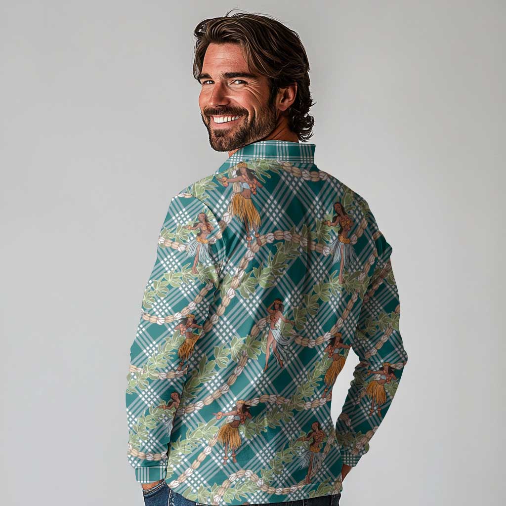 Teal Palaka Hula Girls Seamless Hawaii Aloha Long Sleeve Polo Shirt - Polynesian Pride