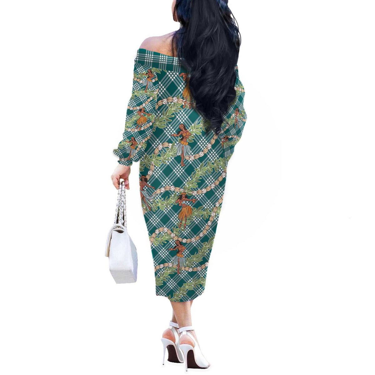 Teal Palaka Hula Girls Seamless Hawaii Aloha Off The Shoulder Long Sleeve Dress - Polynesian Pride