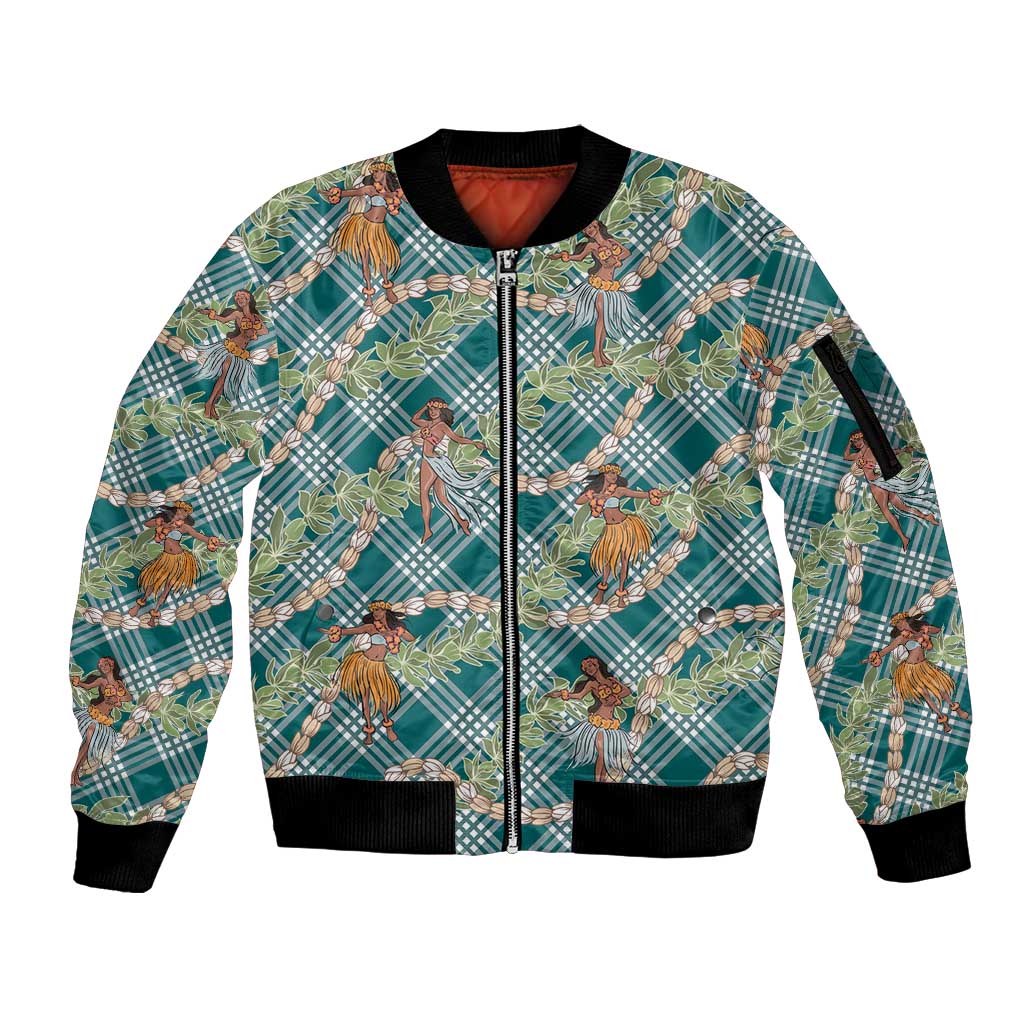 Teal Palaka Hula Girls Seamless Hawaii Aloha Sleeve Zip Bomber Jacket - Polynesian Pride