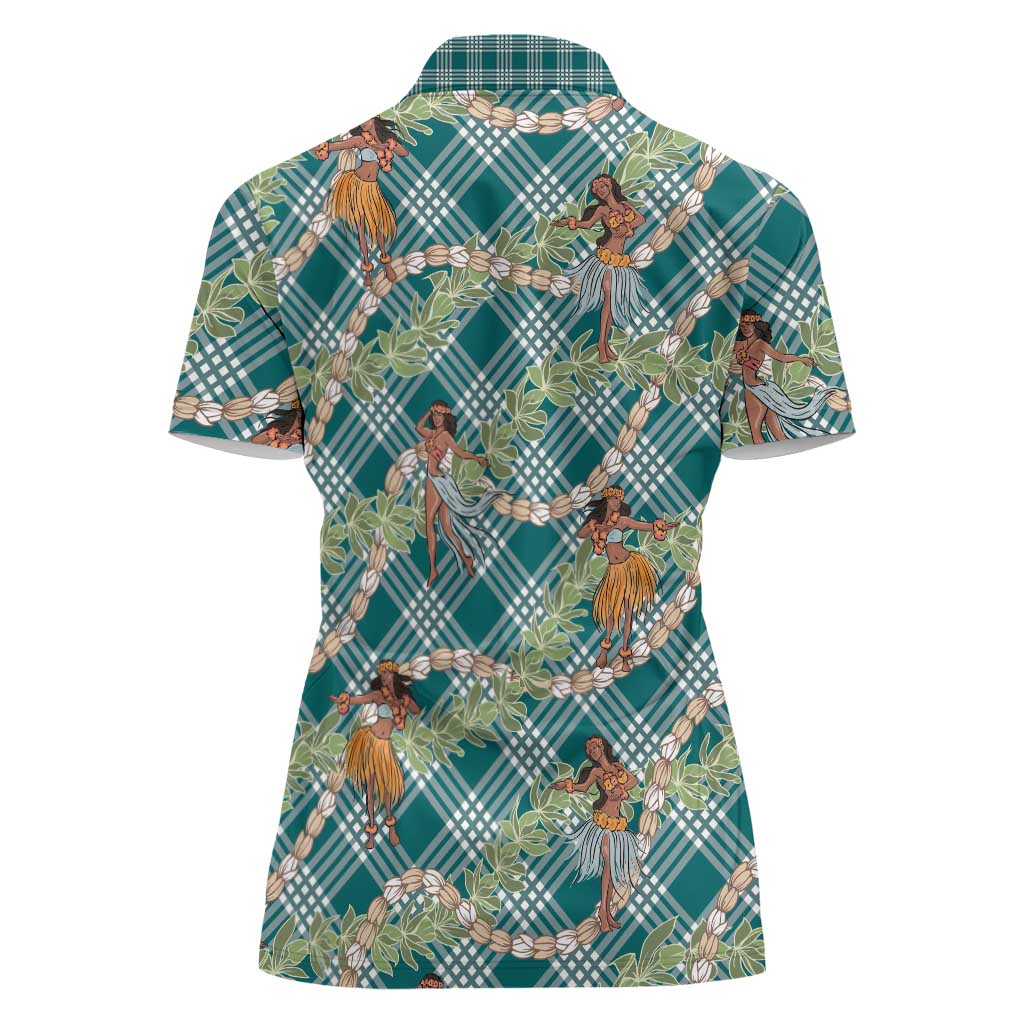 Teal Palaka Hula Girls Seamless Hawaii Aloha Women Polo Shirt LT7 - Polynesian Pride