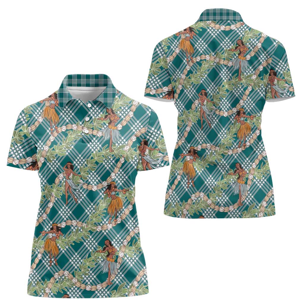 Teal Palaka Hula Girls Seamless Hawaii Aloha Women Polo Shirt LT7 - Polynesian Pride