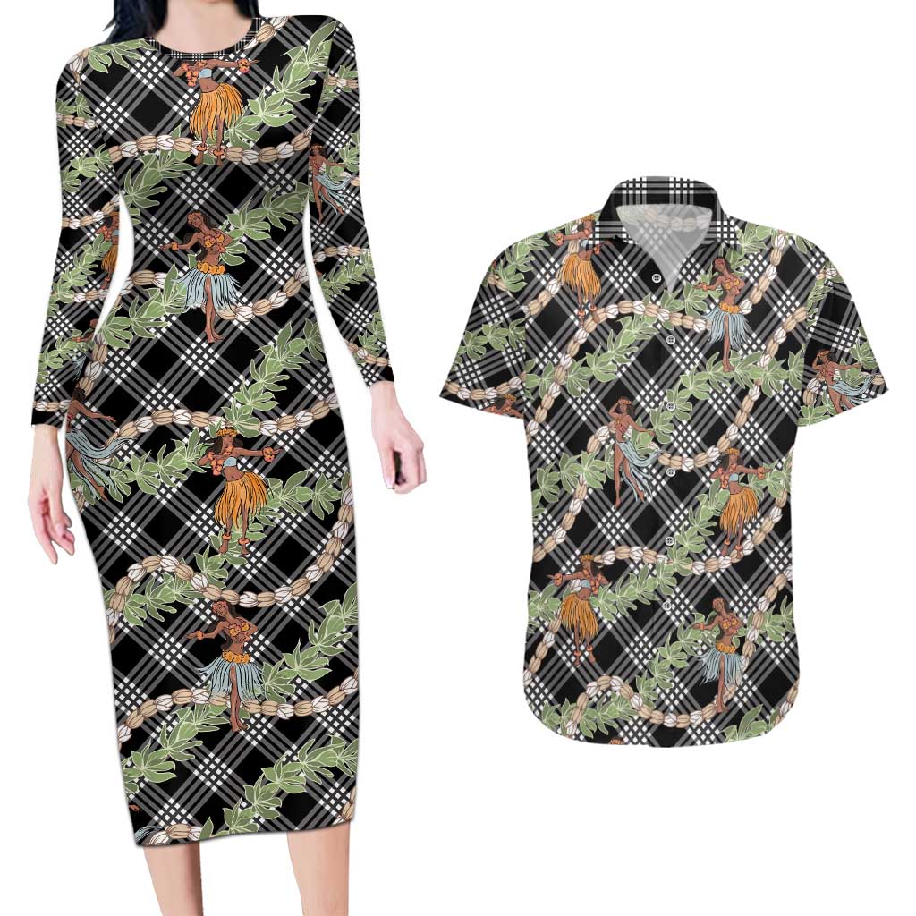 Sable Palaka Hula Girls Seamless Hawaii Aloha Couples Matching Long Sleeve Bodycon Dress and Hawaiian Shirt - Polynesian Pride