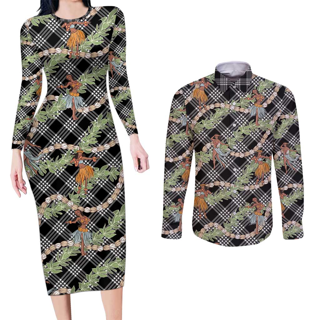 Sable Palaka Hula Girls Seamless Hawaii Aloha Couples Matching Long Sleeve Bodycon Dress and Long Sleeve Button Shirt - Polynesian Pride