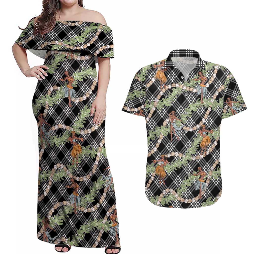 Sable Palaka Hula Girls Seamless Hawaii Aloha Couples Matching Off Shoulder Maxi Dress and Hawaiian Shirt - Polynesian Pride