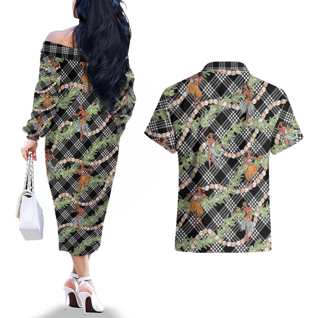 Sable Palaka Hula Girls Seamless Hawaii Aloha Couples Matching Off The Shoulder Long Sleeve Dress and Hawaiian Shirt LT7 - Polynesian Pride