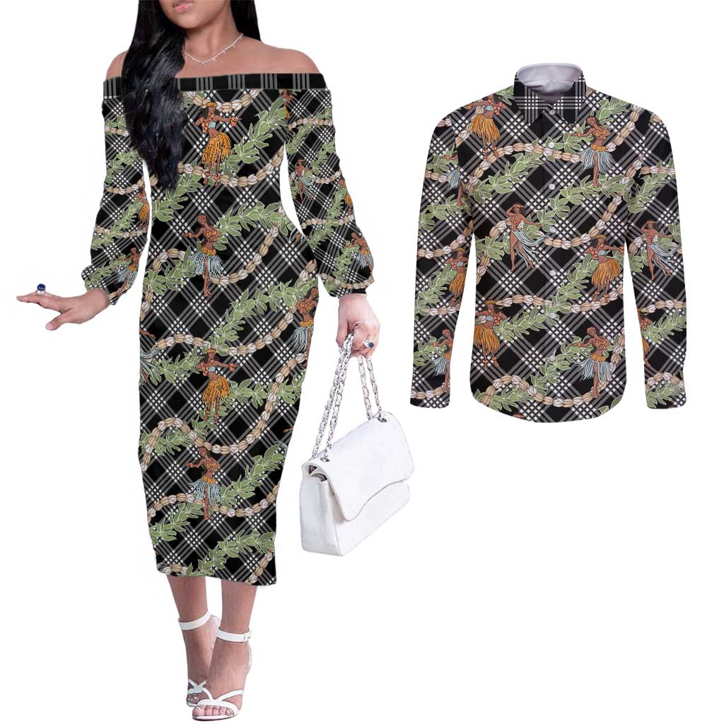 Sable Palaka Hula Girls Seamless Hawaii Aloha Couples Matching Off The Shoulder Long Sleeve Dress and Long Sleeve Button Shirt - Polynesian Pride