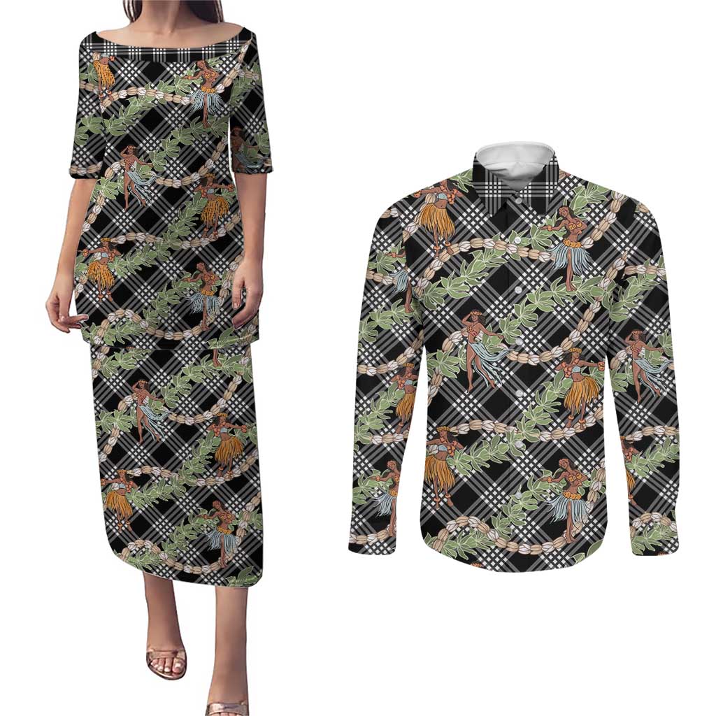 Sable Palaka Hula Girls Seamless Hawaii Aloha Couples Matching Puletasi and Long Sleeve Button Shirt - Polynesian Pride