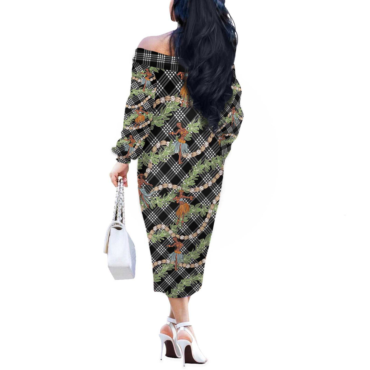 Sable Palaka Hula Girls Seamless Hawaii Aloha Off The Shoulder Long Sleeve Dress - Polynesian Pride