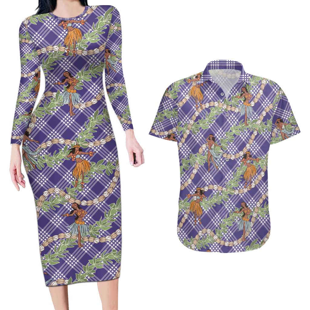 Lavender Palaka Hula Girls Seamless Hawaii Aloha Couples Matching Long Sleeve Bodycon Dress and Hawaiian Shirt LT7 Lavender - Polynesian Pride
