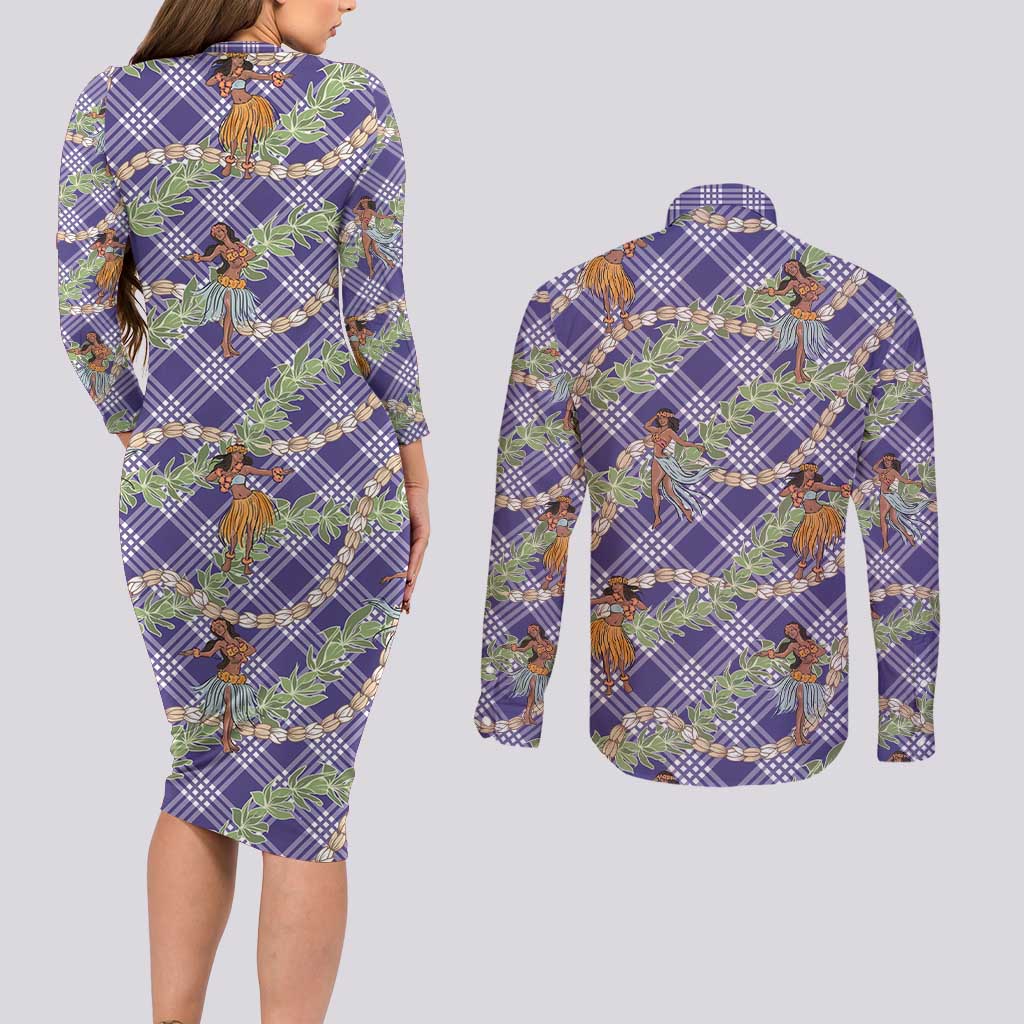 Lavender Palaka Hula Girls Seamless Hawaii Aloha Couples Matching Long Sleeve Bodycon Dress and Long Sleeve Button Shirt - Polynesian Pride