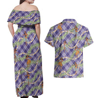 Lavender Palaka Hula Girls Seamless Hawaii Aloha Couples Matching Off Shoulder Maxi Dress and Hawaiian Shirt - Polynesian Pride