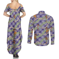 Lavender Palaka Hula Girls Seamless Hawaii Aloha Couples Matching Summer Maxi Dress and Long Sleeve Button Shirt - Polynesian Pride