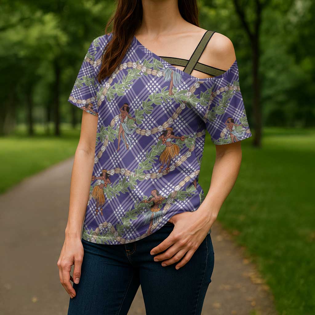 Lavender Palaka Hula Girls Seamless Hawaii Aloha Cross Shoulder Shirt LT7 - Polynesian Pride