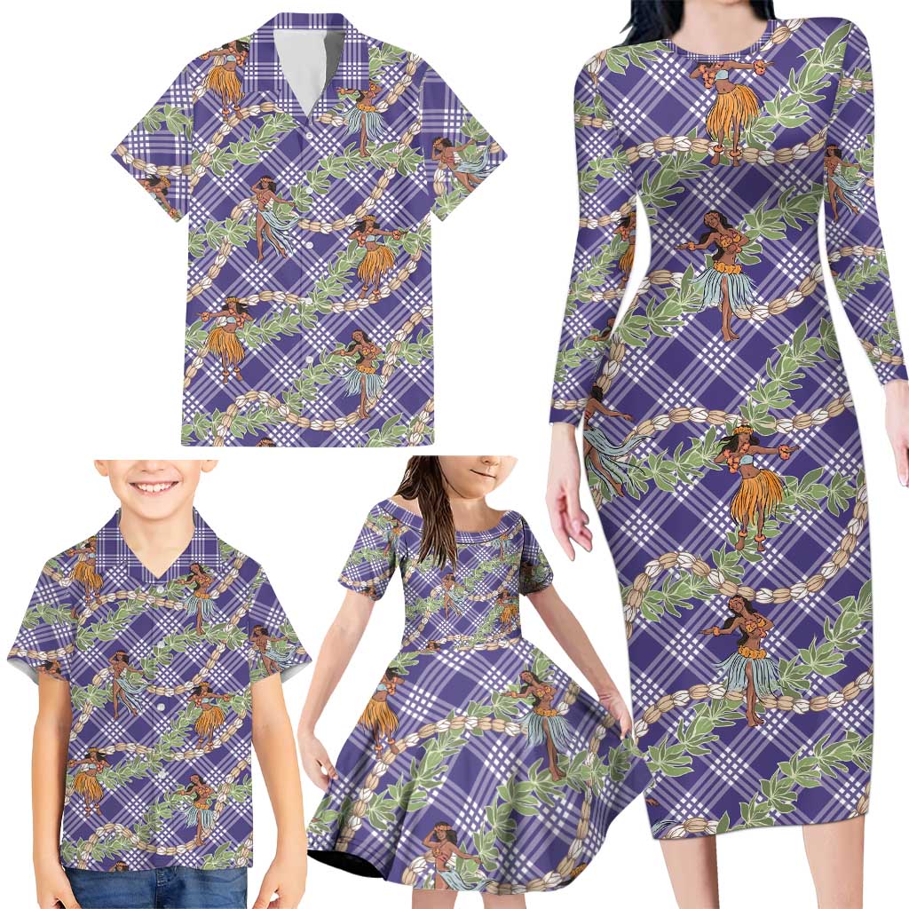 Lavender Palaka Hula Girls Seamless Hawaii Aloha Family Matching Long Sleeve Bodycon Dress and Hawaiian Shirt LT7 - Polynesian Pride