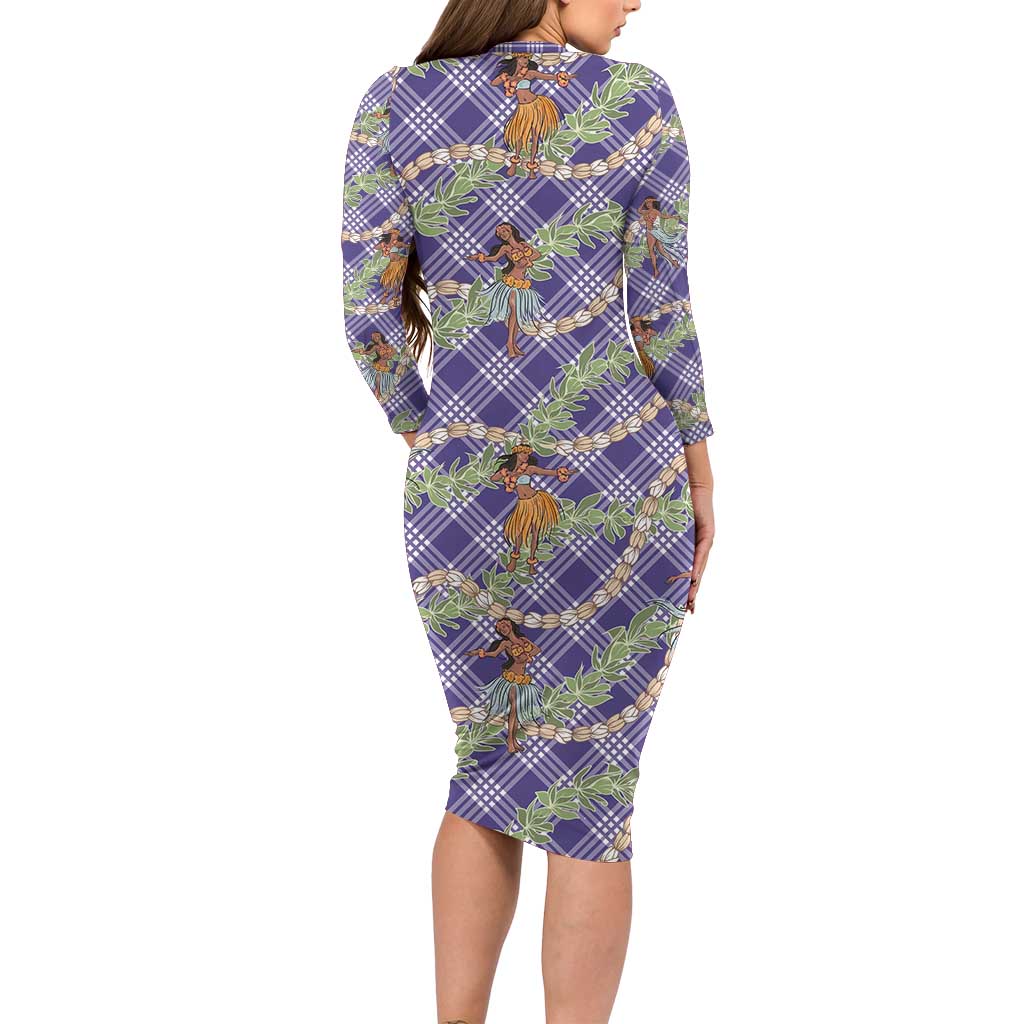Lavender Palaka Hula Girls Seamless Hawaii Aloha Family Matching Long Sleeve Bodycon Dress and Hawaiian Shirt LT7 - Polynesian Pride