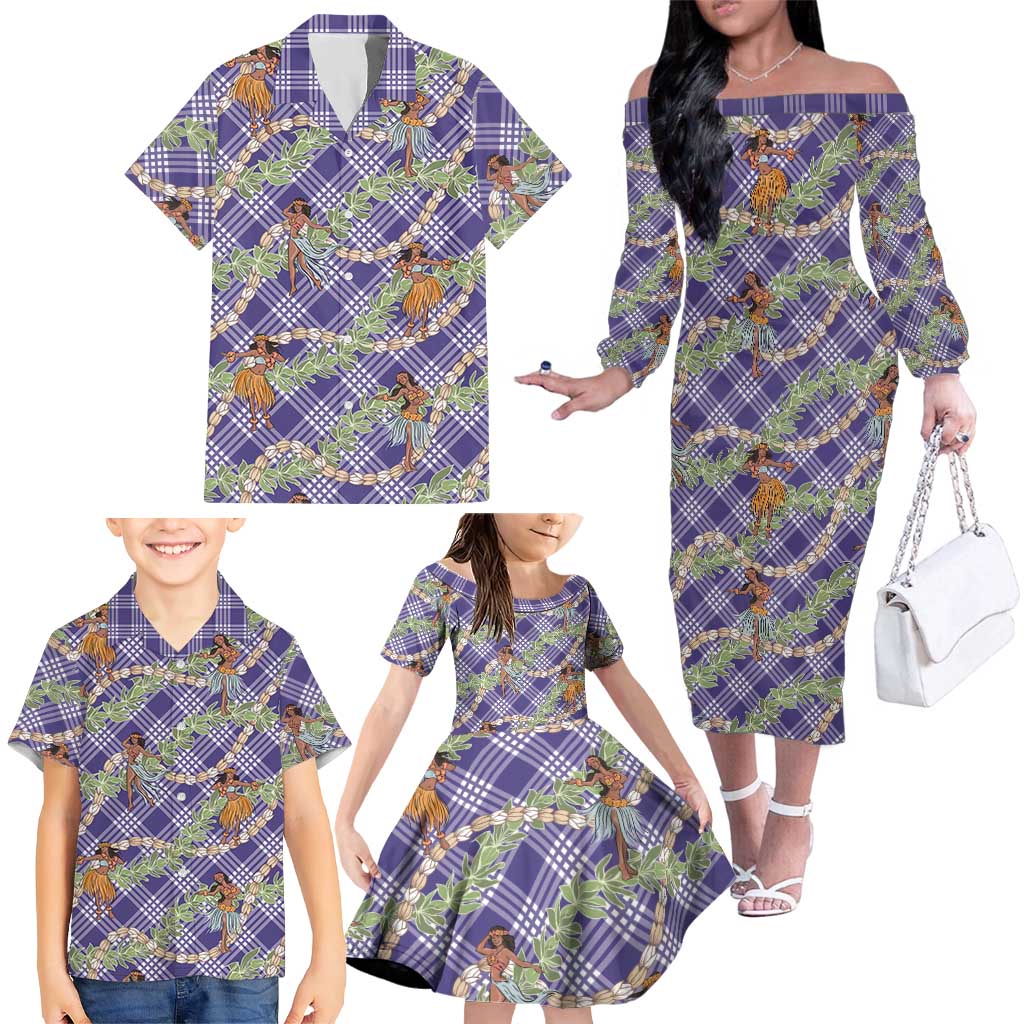 Lavender Palaka Hula Girls Seamless Hawaii Aloha Family Matching Off The Shoulder Long Sleeve Dress and Hawaiian Shirt LT7 - Polynesian Pride