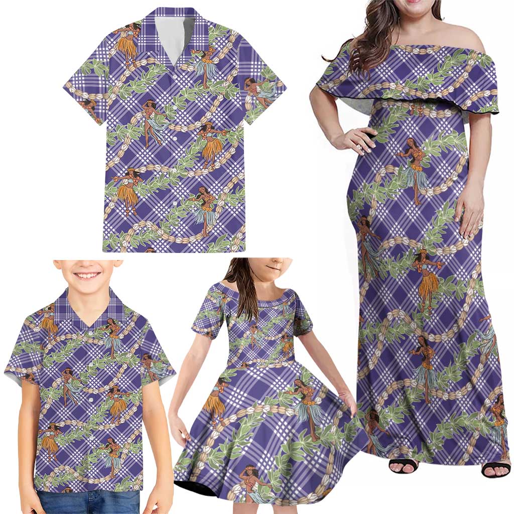 Lavender Palaka Hula Girls Seamless Hawaii Aloha Family Matching Off Shoulder Maxi Dress and Hawaiian Shirt LT7 - Polynesian Pride