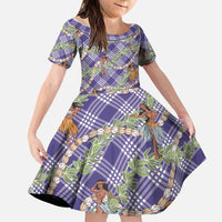 Lavender Palaka Hula Girls Seamless Hawaii Aloha Family Matching Off Shoulder Short Dress and Hawaiian Shirt LT7 Daughter's Dress Lavender - Polynesian Pride
