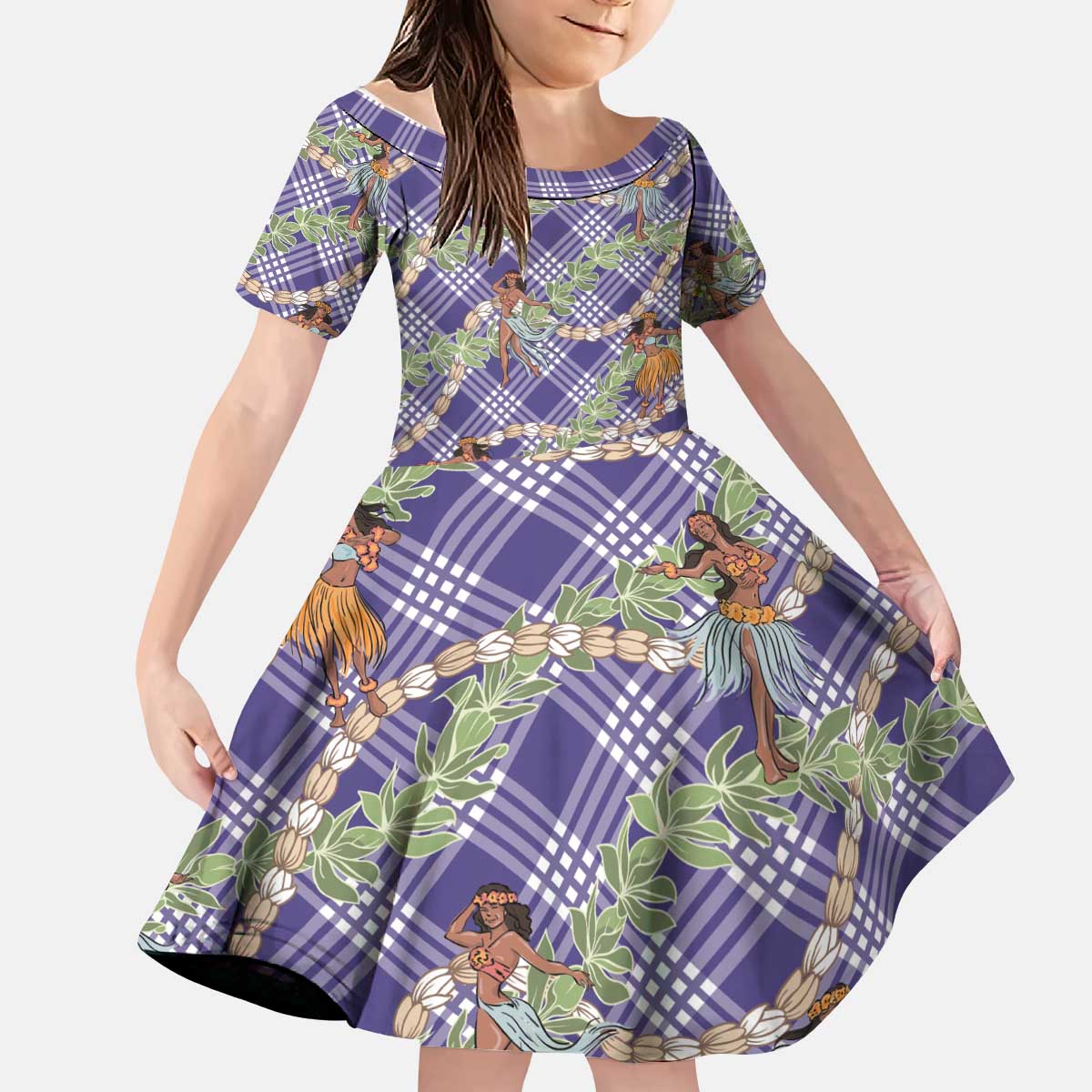 Lavender Palaka Hula Girls Seamless Hawaii Aloha Kid Short Sleeve Dress - Polynesian Pride