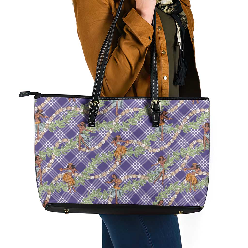 Lavender Palaka Hula Girls Seamless Hawaii Aloha Leather Tote Bag - Polynesian Pride