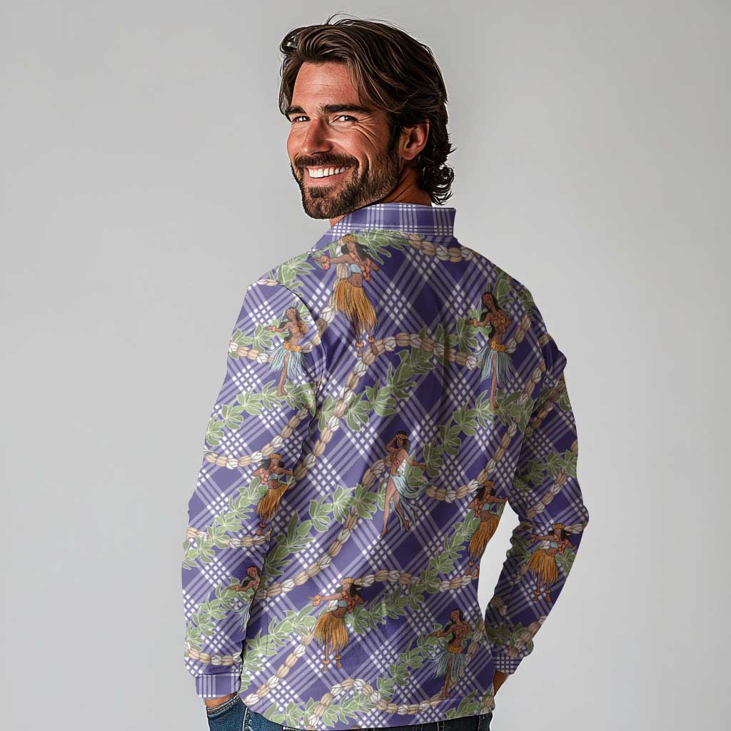 Lavender Palaka Hula Girls Seamless Hawaii Aloha Long Sleeve Polo Shirt - Polynesian Pride