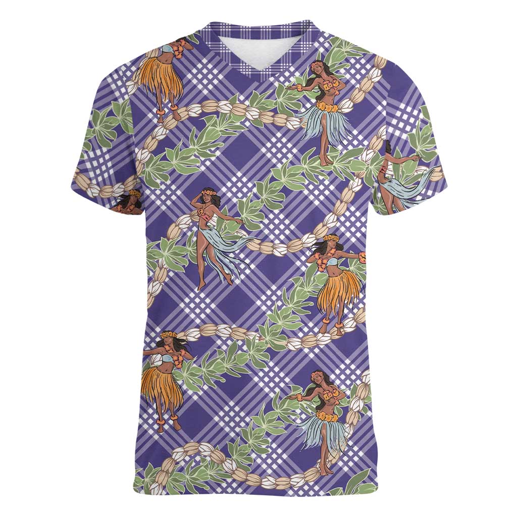 Lavender Palaka Hula Girls Seamless Hawaii Aloha Women V-Neck T-Shirt - Polynesian Pride