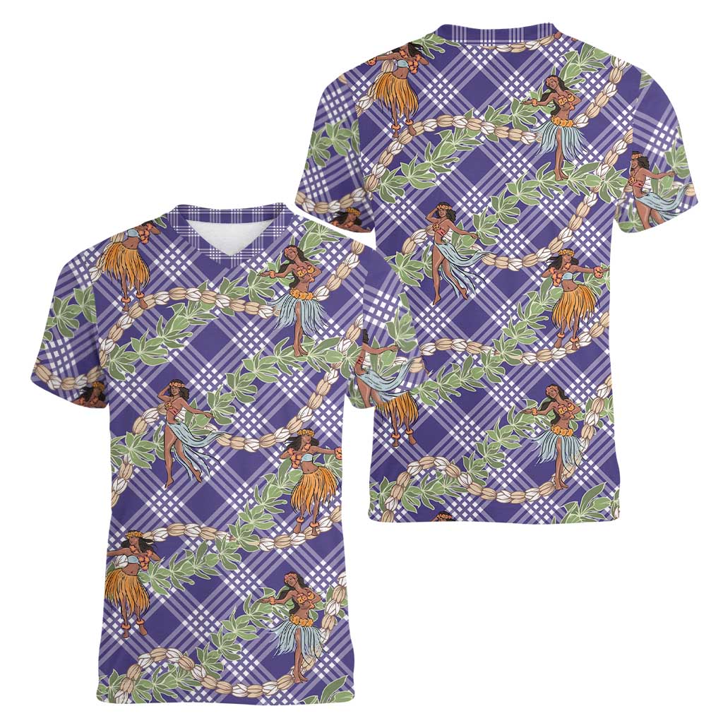 Lavender Palaka Hula Girls Seamless Hawaii Aloha Women V-Neck T-Shirt - Polynesian Pride