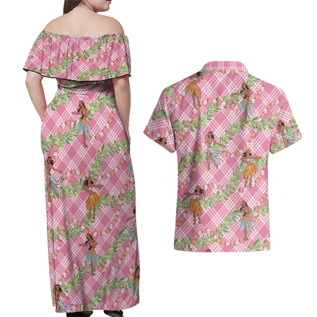 Lokelani Pink Palaka Hula Girls Seamless Hawaii Aloha Couples Matching Off Shoulder Maxi Dress and Hawaiian Shirt LT7 - Polynesian Pride