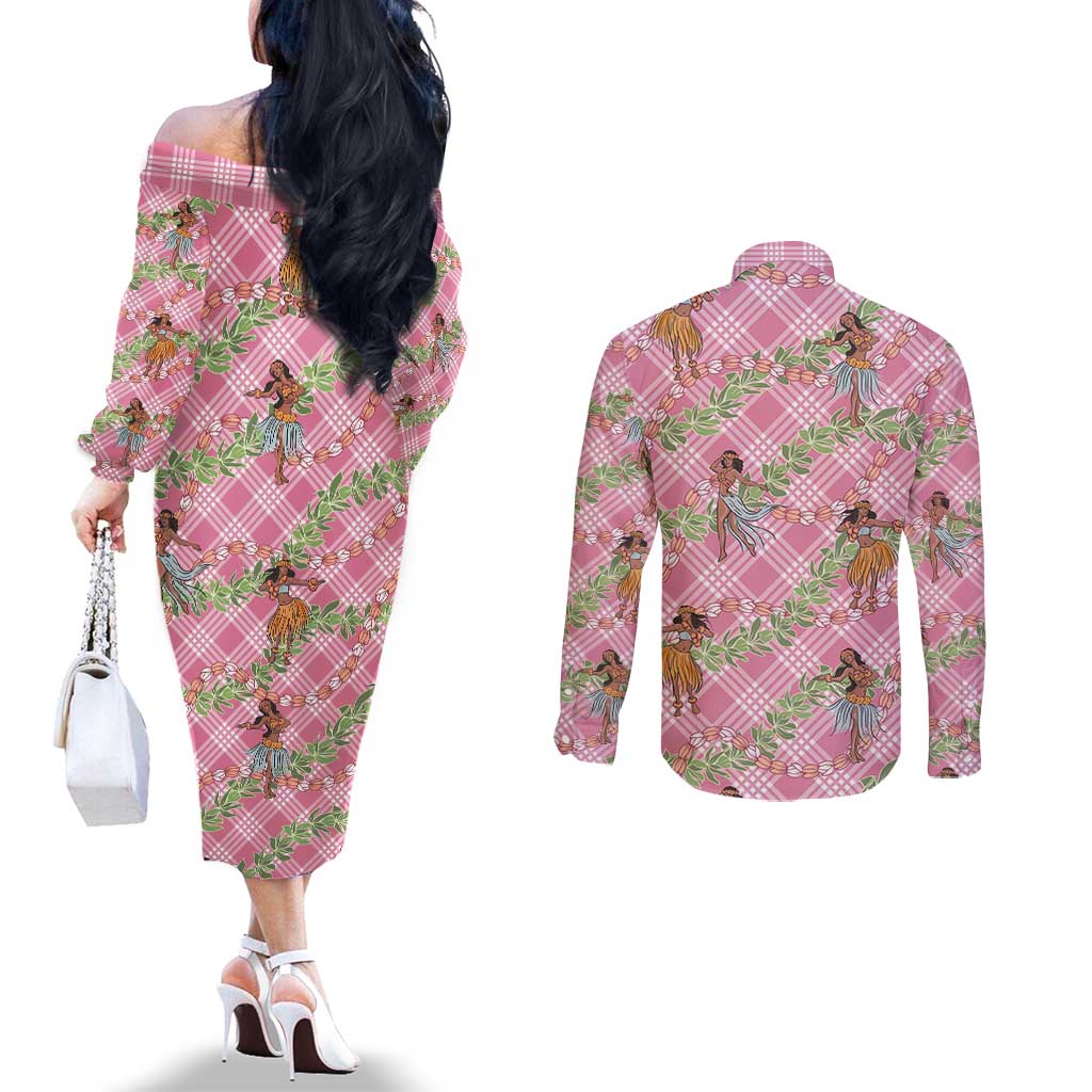 Lokelani Pink Palaka Hula Girls Seamless Hawaii Aloha Couples Matching Off The Shoulder Long Sleeve Dress and Long Sleeve Button Shirt LT7 - Polynesian Pride