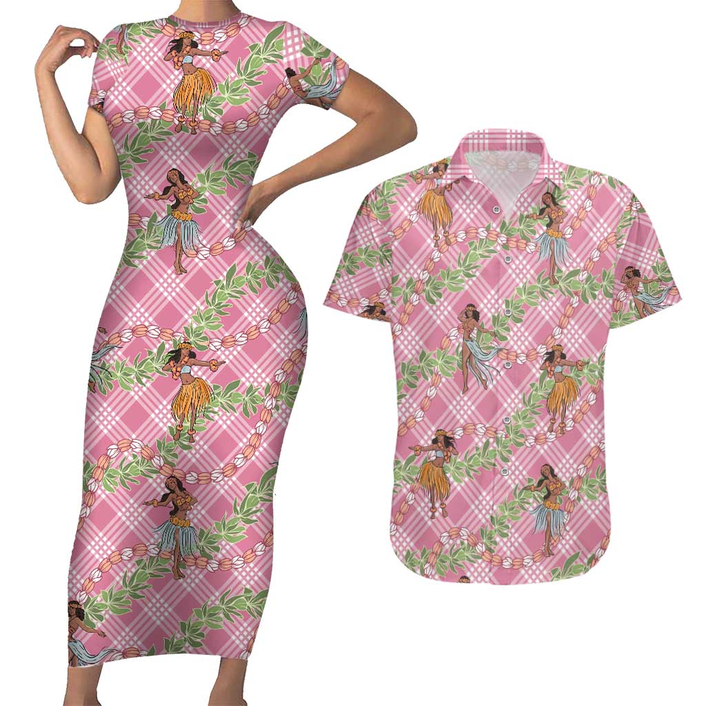 Lokelani Pink Palaka Hula Girls Seamless Hawaii Aloha Couples Matching Short Sleeve Bodycon Dress and Hawaiian Shirt LT7 Pink - Polynesian Pride